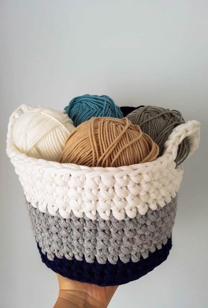 crochet tshirt yarn basket holding yarn 