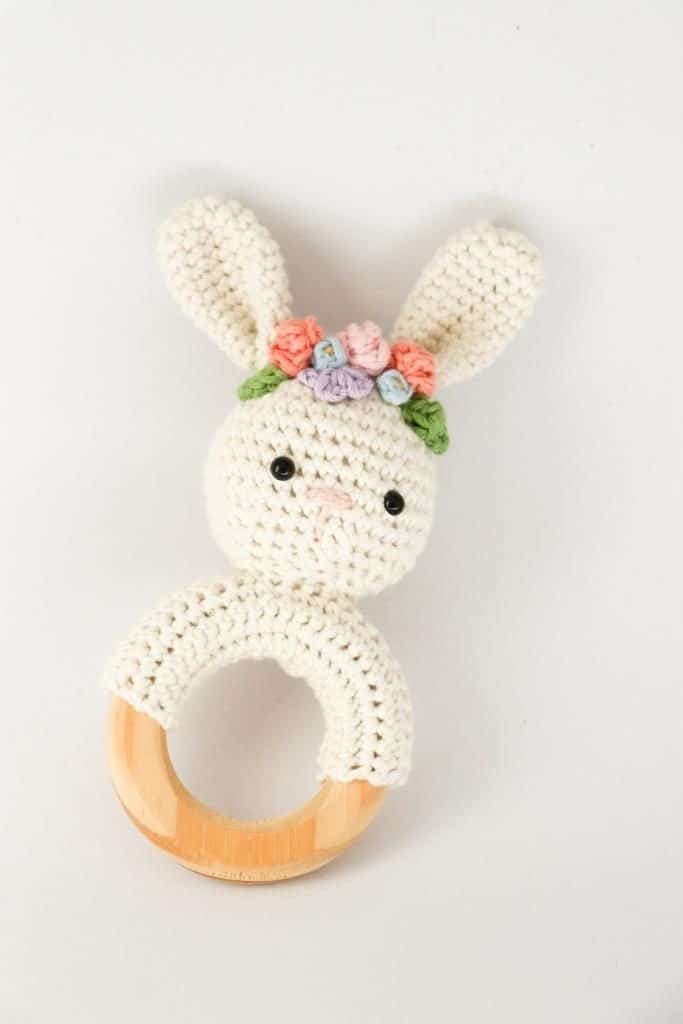 crochet rabbit rattle with flower crown | crochet baby rattle tutorial