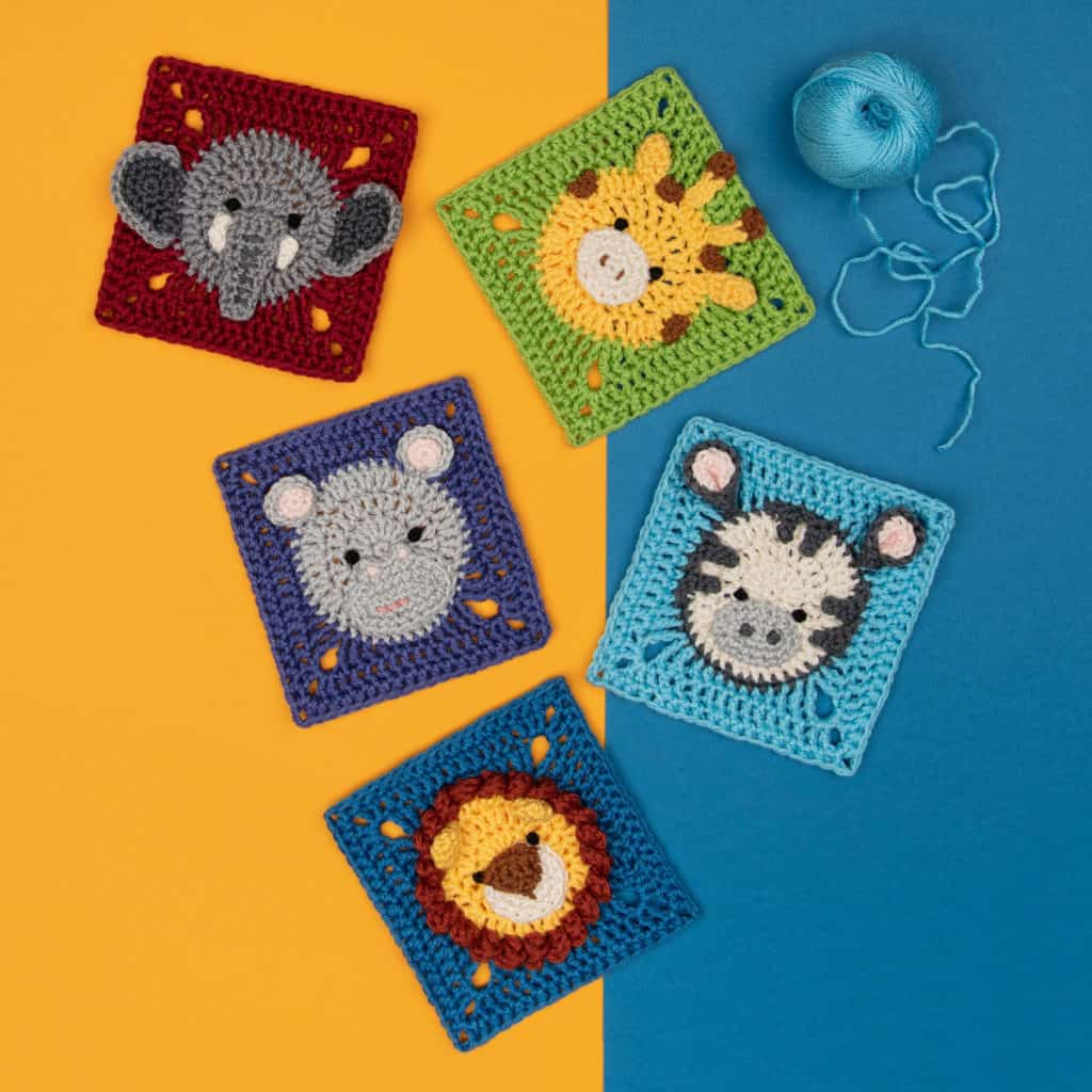 crocheted animal squares, crochet elephant square, crochet giraffe square, hippo square, zebra square and lion square, in bright colors