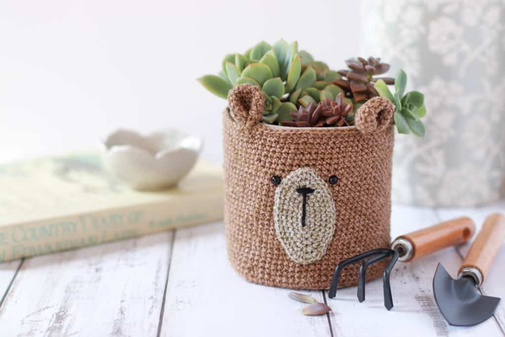 Crochet pot cover, pot filled with succulents, pot plant and garden tools, crochet, crochet planter pattern