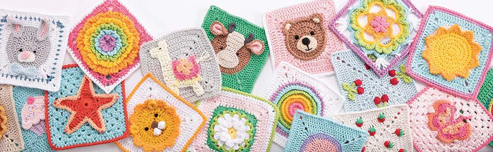 a selection of brightly colored crochet granny squares.
