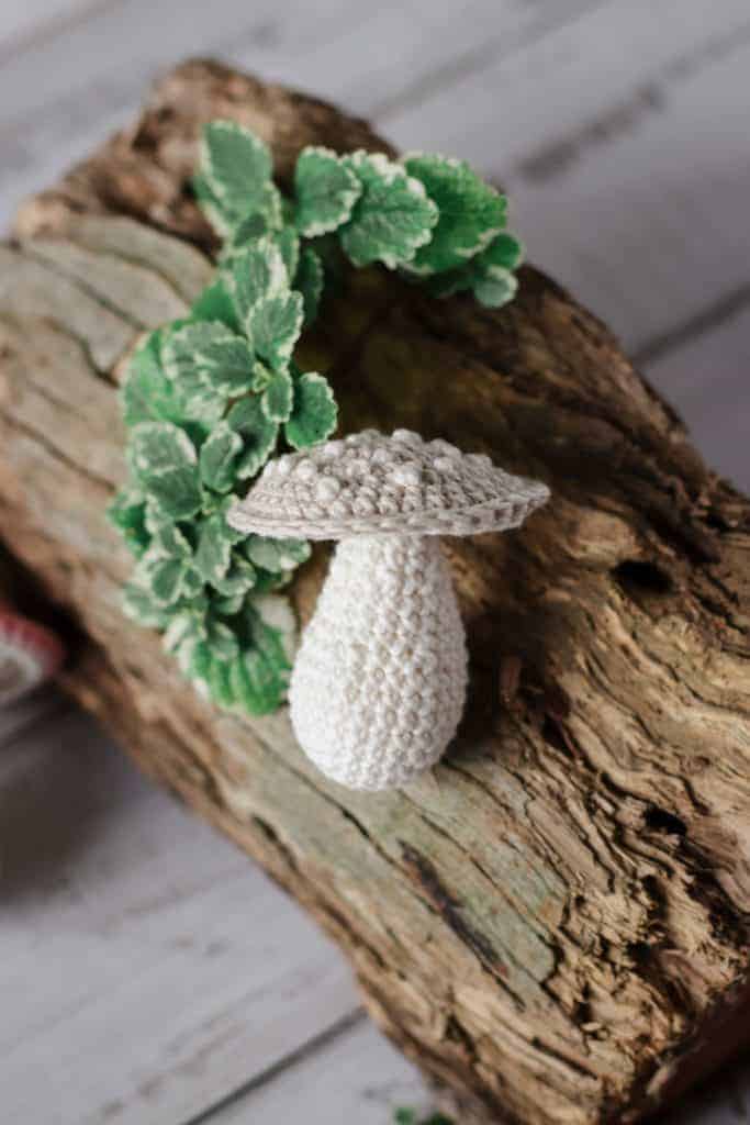 amigurumi crochet mushroom on a log