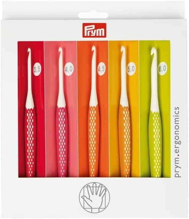 a set of brightly coloured Prym crochet hooks 